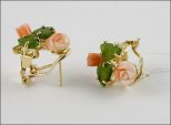 Серьги из позолоченного сплава с кораллом и нефритом роза 8 мм тюльпан 4х6 мм 2 листа 6х8 мм 21210