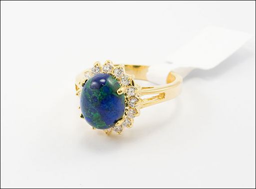 Позолоченное кольцо из мельхиора с азуритом и фианитами 27091 купить в магазине Самоцветы мира