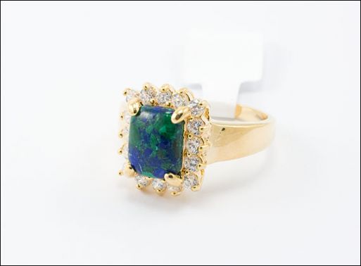 Позолоченное кольцо из мельхиора с азуритом и фианитами 27110 купить в магазине Самоцветы мира