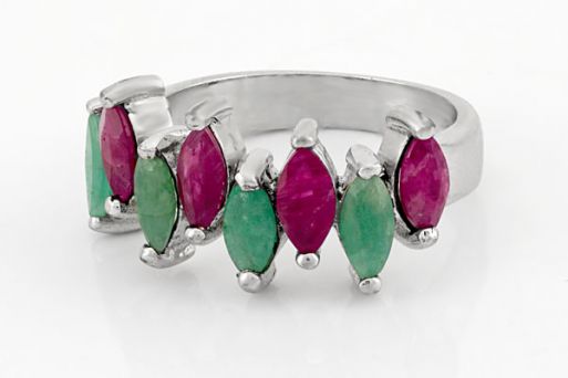 Серебряное кольцо с изумрудом и рубином 33074 купить в магазине Самоцветы мира
