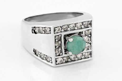 Серебряное мужское кольцо с изумрудом и фианитами 37627 купить в магазине Самоцветы мира