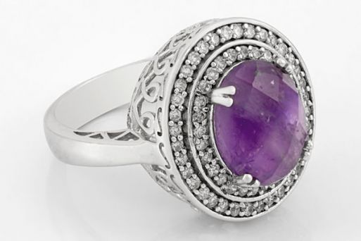 Серебряное кольцо с аметистом и фианитами 41988 купить в магазине Самоцветы мира