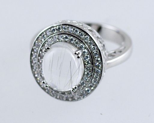 Серебряное кольцо с кварцем волосатиком и фианитами 41991 купить в магазине Самоцветы мира