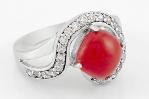 Серебряное кольцо с кораллом и фианитами 42485 купить в магазине Самоцветы мира
