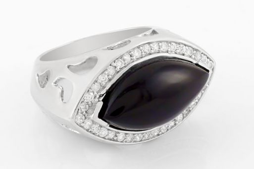 Серебряное кольцо с чёрным агатом и фианитами 42581 купить в магазине Самоцветы мира
