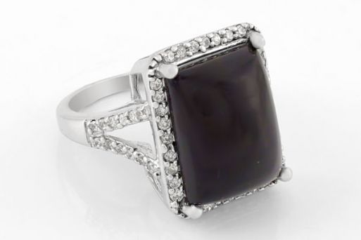 Серебряное кольцо с чёрным агатом и фианитами 42888 купить в магазине Самоцветы мира