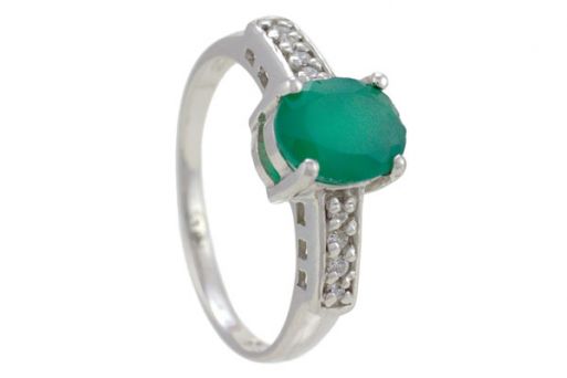 Серебряное кольцо с зелёным агатом и фианитами 46701 купить в магазине Самоцветы мира