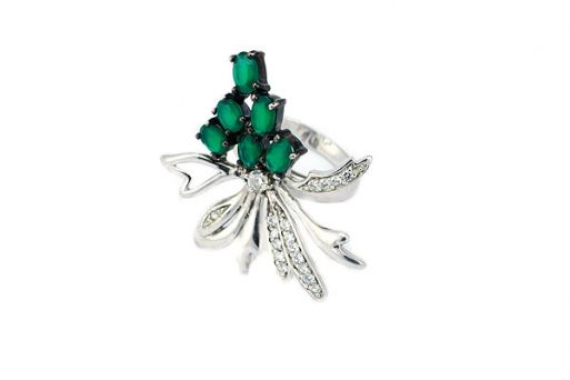 Серебряное кольцо с зелёным агатом и фианитами 46778 купить в магазине Самоцветы мира