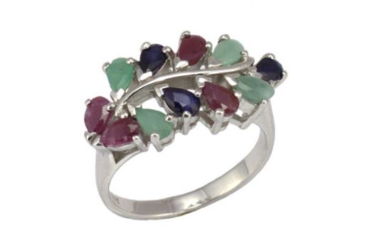 Серебряное кольцо с изумрудом, рубином, сапфиром 47375 купить в магазине Самоцветы мира