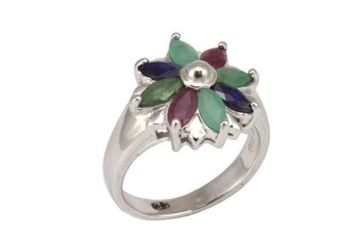 Серебряное кольцо с изумрудом, рубином, сапфиром 48274 купить в магазине Самоцветы мира