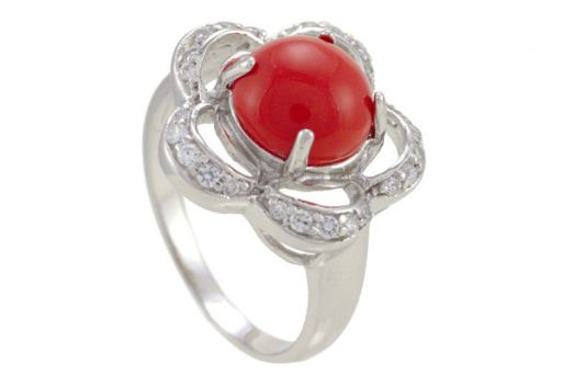 Серебряное кольцо с кораллом и фианитами 42580 купить в магазине Самоцветы мира