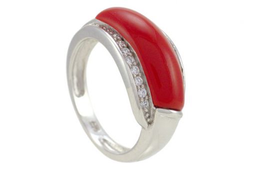 Серебряное кольцо с кораллом и фианитами 49005 купить в магазине Самоцветы мира