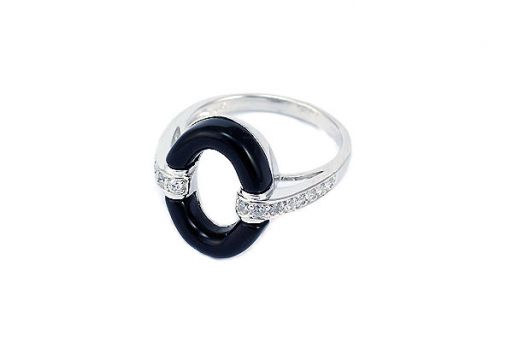 Серебряное кольцо с чёрным агатом и фианитами 50503 купить в магазине Самоцветы мира