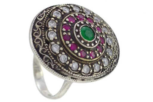 Серебряное кольцо с зелёным агатом, рубинами и фианитами 50994 купить в магазине Самоцветы мира