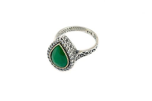 Серебряное кольцо с зелёным агатом и фианитами 51003 купить в магазине Самоцветы мира