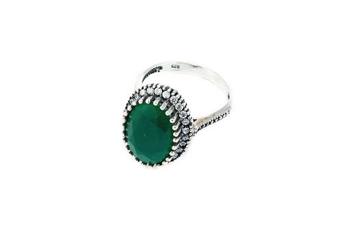 Серебряное кольцо с зелёным агатом и фианитами 51015 купить в магазине Самоцветы мира