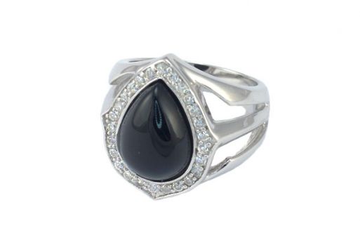 Серебряное кольцо с чёрным агатом и фианитами 51737 купить в магазине Самоцветы мира