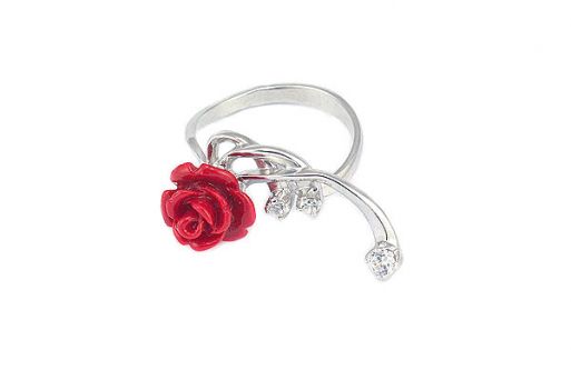 Серебряное кольцо с кораллом и фианитами 52443 купить в магазине Самоцветы мира