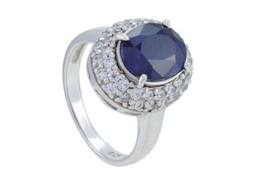 Серебряное кольцо с сапфиром и фианитами 52923 купить в магазине Самоцветы мира
