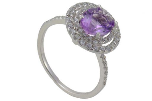 Серебряное кольцо с аметистом и фианитами 53128 купить в магазине Самоцветы мира
