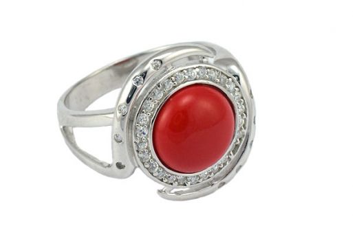 Серебряное кольцо с кораллом и фианитами 53186 купить в магазине Самоцветы мира