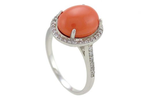 Серебряное кольцо с кораллом и фианитами 53188 купить в магазине Самоцветы мира
