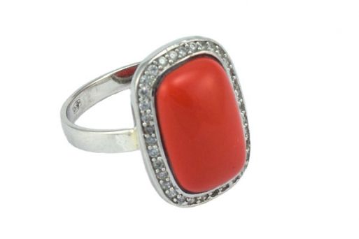Серебряное кольцо с кораллом и фианитами 53197 купить в магазине Самоцветы мира