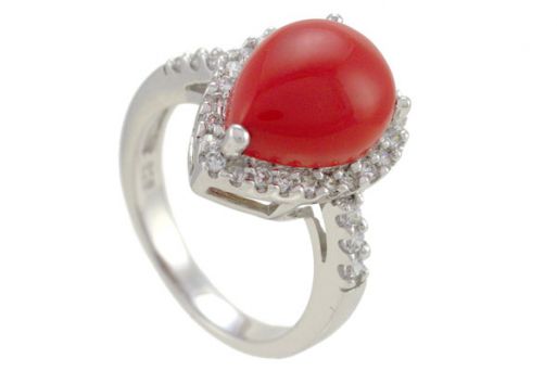 Серебряное кольцо с кораллом и фианитами 53202 купить в магазине Самоцветы мира