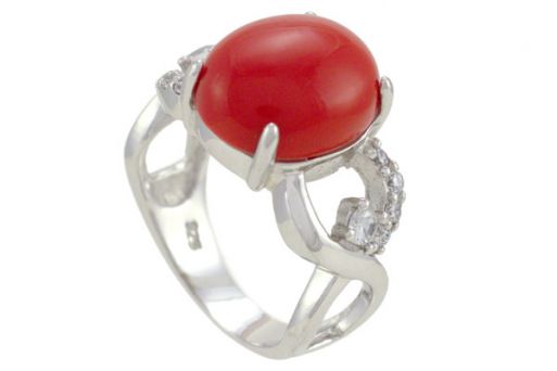 Серебряное кольцо с кораллом и фианитами 53210 купить в магазине Самоцветы мира