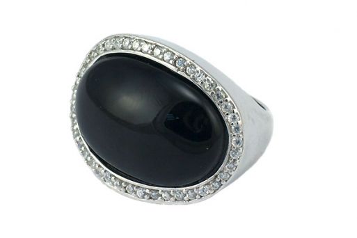 Серебряное кольцо с чёрным агатом и фианитами 53358 купить в магазине Самоцветы мира