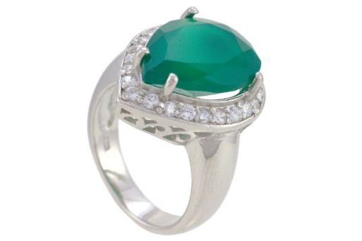 Серебряное кольцо с зелёным агатом и фианитами 53521 купить в магазине Самоцветы мира