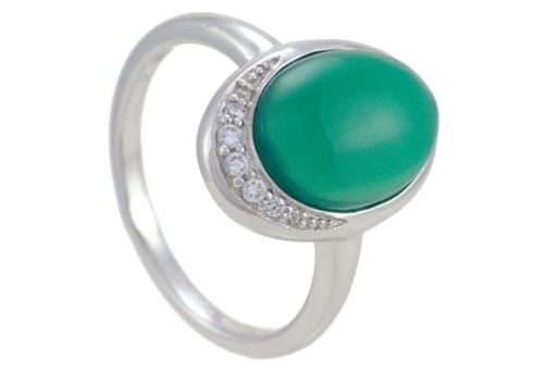 Серебряное кольцо с зелёным агатом и фианитами 53523 купить в магазине Самоцветы мира