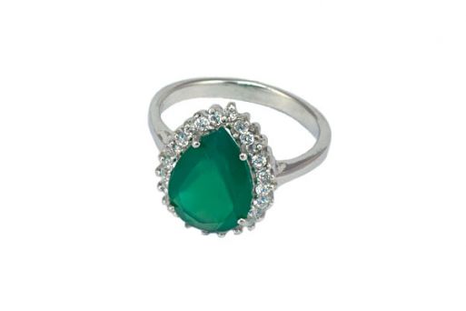 Серебряное кольцо с зелёным агатом и фианитами 53530 купить в магазине Самоцветы мира