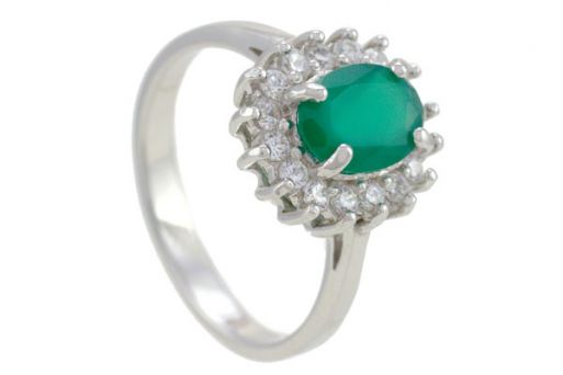 Серебряное кольцо с зелёным агатом и фианитами 53534 купить в магазине Самоцветы мира