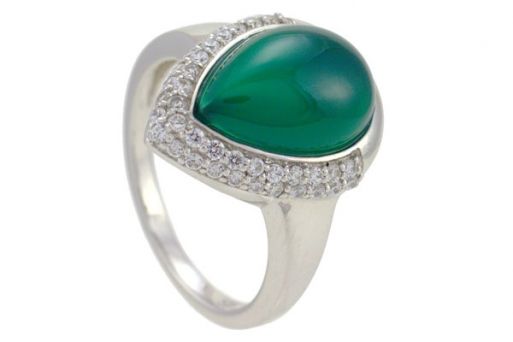 Серебряное кольцо с зелёным агатом и фианитами 53536 купить в магазине Самоцветы мира