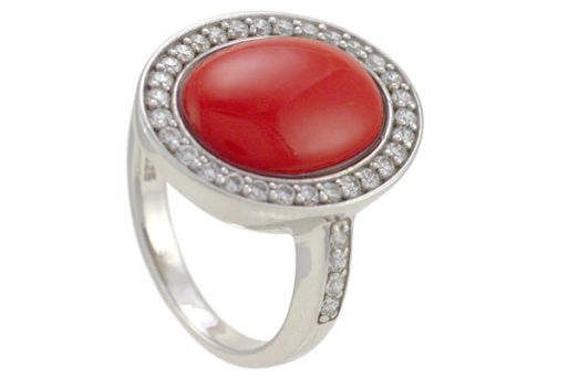 Серебряное кольцо с кораллом и фианитами 53768 купить в магазине Самоцветы мира