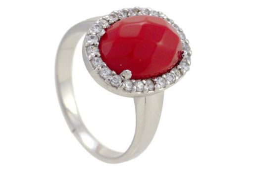 Серебряное кольцо с кораллом и фианитами 53775 купить в магазине Самоцветы мира