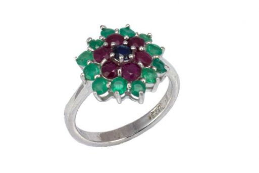 Серебряное кольцо с изумрудом, рубином, сапфиром 55262 купить в магазине Самоцветы мира