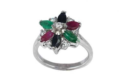 Серебряное кольцо с изумрудом, рубином, сапфиром 55265 купить в магазине Самоцветы мира