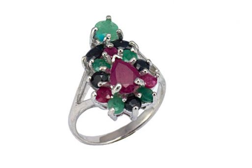 Серебряное кольцо с изумрудом, рубином, сапфиром 55268 купить в магазине Самоцветы мира
