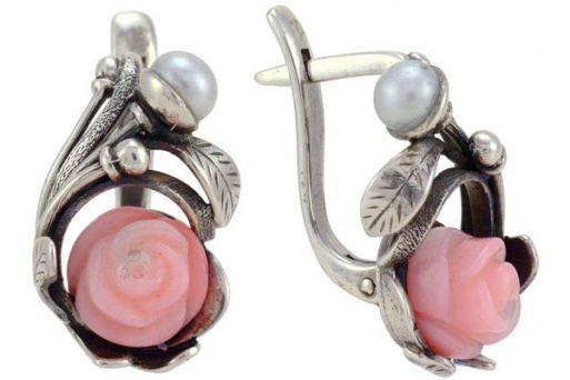 Серебряные серьги с розовым кораллом 55458 купить в магазине Самоцветы мира