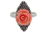 Кольцо из серебра с кораллом розовым и марказитами роза 12 мм 57299