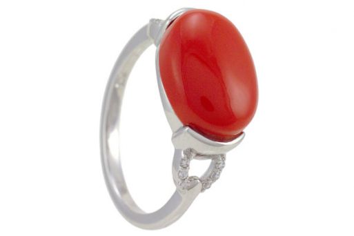 Серебряное кольцо с кораллом и фианитами 57311 купить в магазине Самоцветы мира