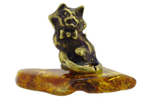 Фигурка из бронзы «Котёнок с бантиком» на подставке из янтаря.