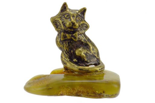 Фигурка из бронзы «Кот с бантиком» на подставке из янтаря.