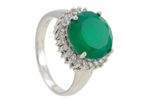 Серебряное кольцо с зелёным агатом и фианитами 57459 купить в магазине Самоцветы мира