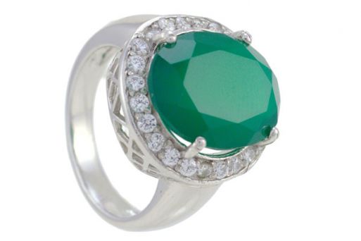 Серебряное кольцо с зелёным агатом и фианитами 57461 купить в магазине Самоцветы мира