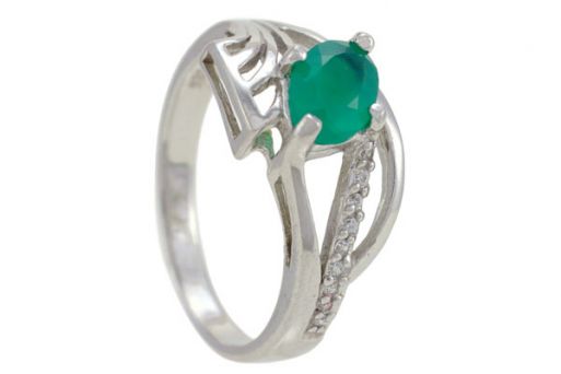 Серебряное кольцо с зелёным агатом и фианитами 57477 купить в магазине Самоцветы мира