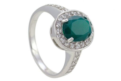 Серебряное кольцо с зелёным агатом и фианитами 57479 купить в магазине Самоцветы мира