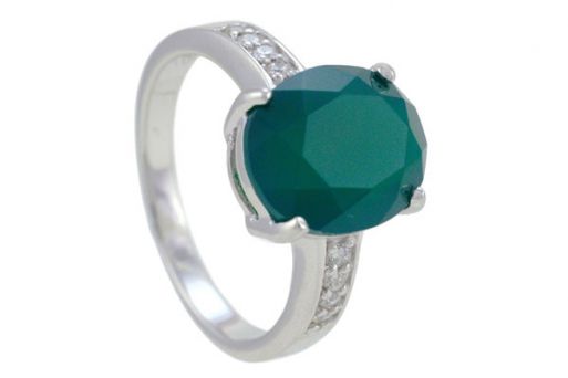 Серебряное кольцо с зелёным агатом и фианитами 57481 купить в магазине Самоцветы мира